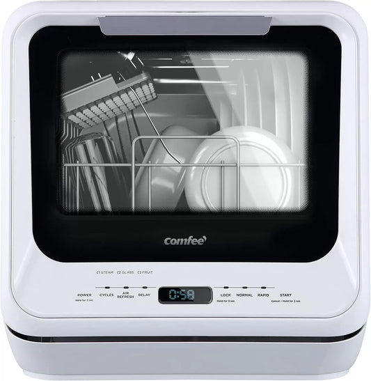 COMFEE' Portable Dishwasher Countertop, Mini Dishwasher with 5L Built-in Water Tank, No Hookup Needed, 6 Programs, 360° Dual Spray, 192°F High-Temp& Air-Dry Function, Dishwasher for Apartments& RVs