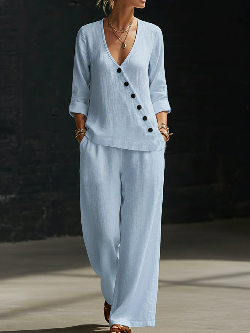 🔥Summer Arrivals🌟Minimalist V-neck Shirt And Wide-leg Pants Two-piece Set