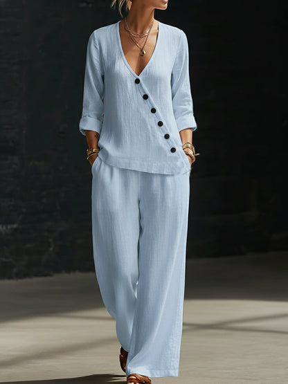 🔥Summer Arrivals🌟Minimalist V-neck Shirt And Wide-leg Pants Two-piece Set