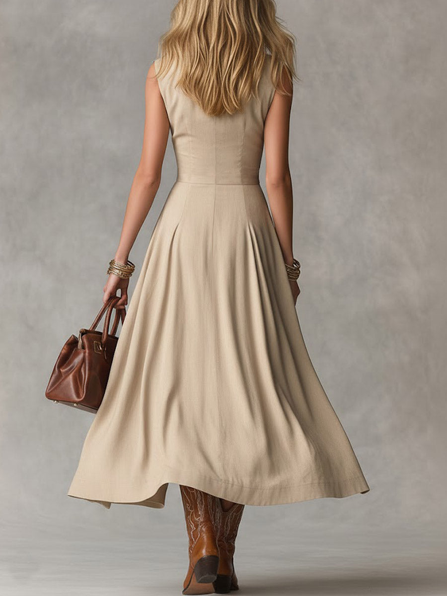 🔥Summer Arrivals🌟Women's Solid Color Collared Sleeveless Casual Loose Cotton Linen Dress