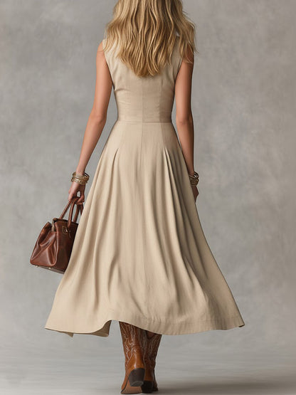 🔥Summer Arrivals🌟Women's Solid Color Collared Sleeveless Casual Loose Cotton Linen Dress