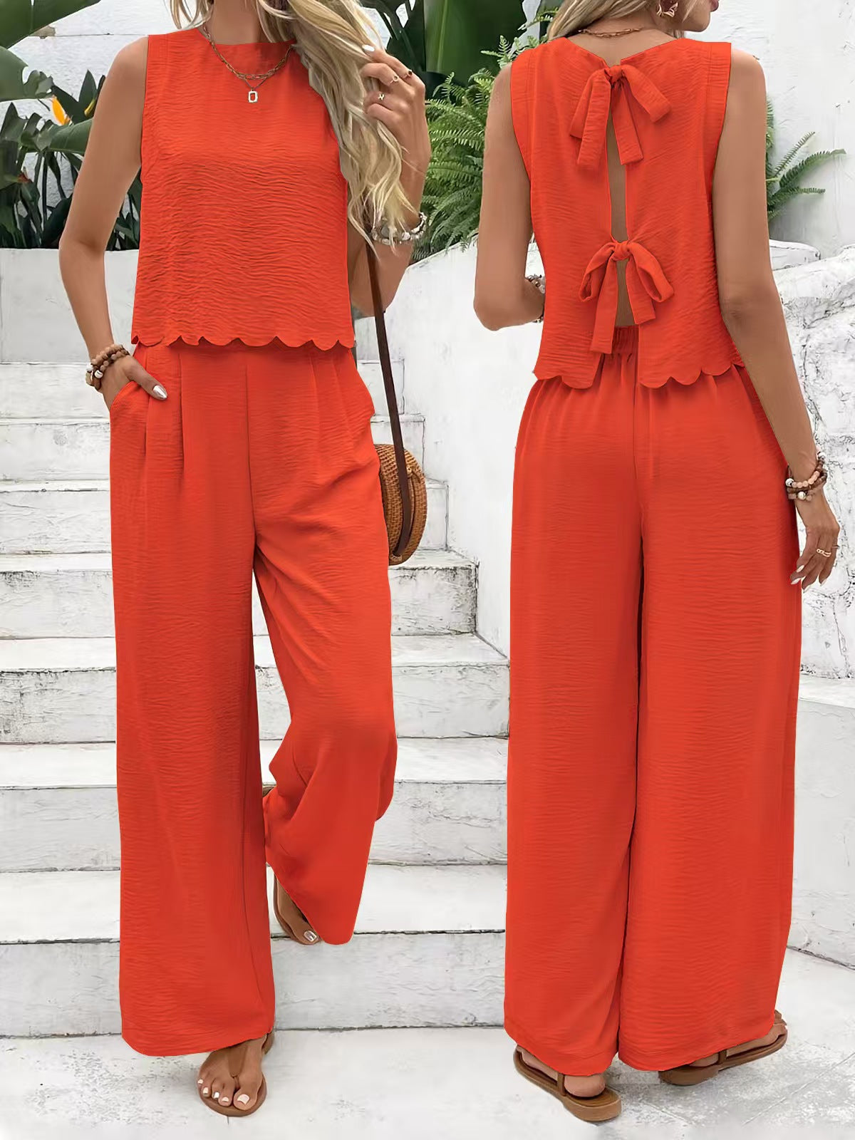 🔥Summer Arrivals🌟Women's Casual Round Neck Lace-up Top And Wide-leg Pants Set