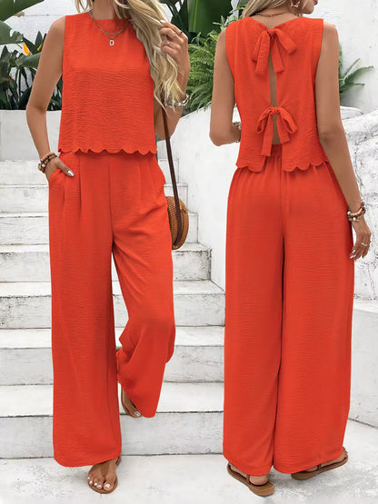 🔥Summer Arrivals🌟Women's Casual Round Neck Lace-up Top And Wide-leg Pants Set