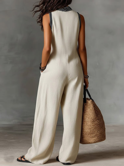 🔥Summer Arrivals🌟Women's V-neck Sleeveless Casual Loose Cotton And Linen Jumpsuit