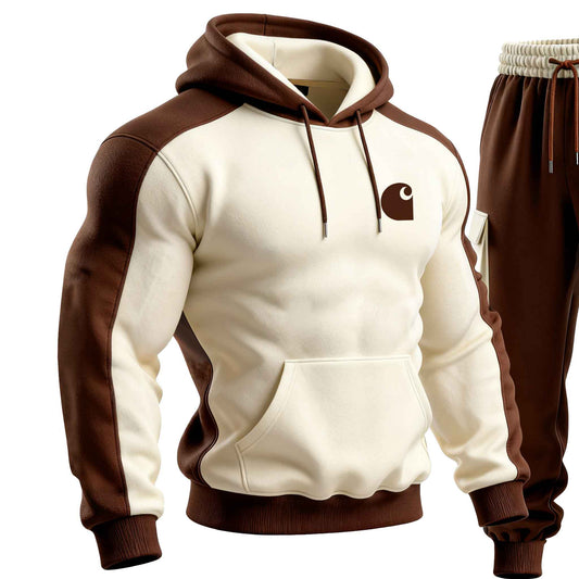🔥𝗖𝗹𝗲𝗮𝗿𝗮𝗻𝗰𝗲 𝗦𝗮𝗹𝗲🌟Men's Vintage Brown And Beige Color Block Pocket Hoodie And Sweatpants Jogger Set
