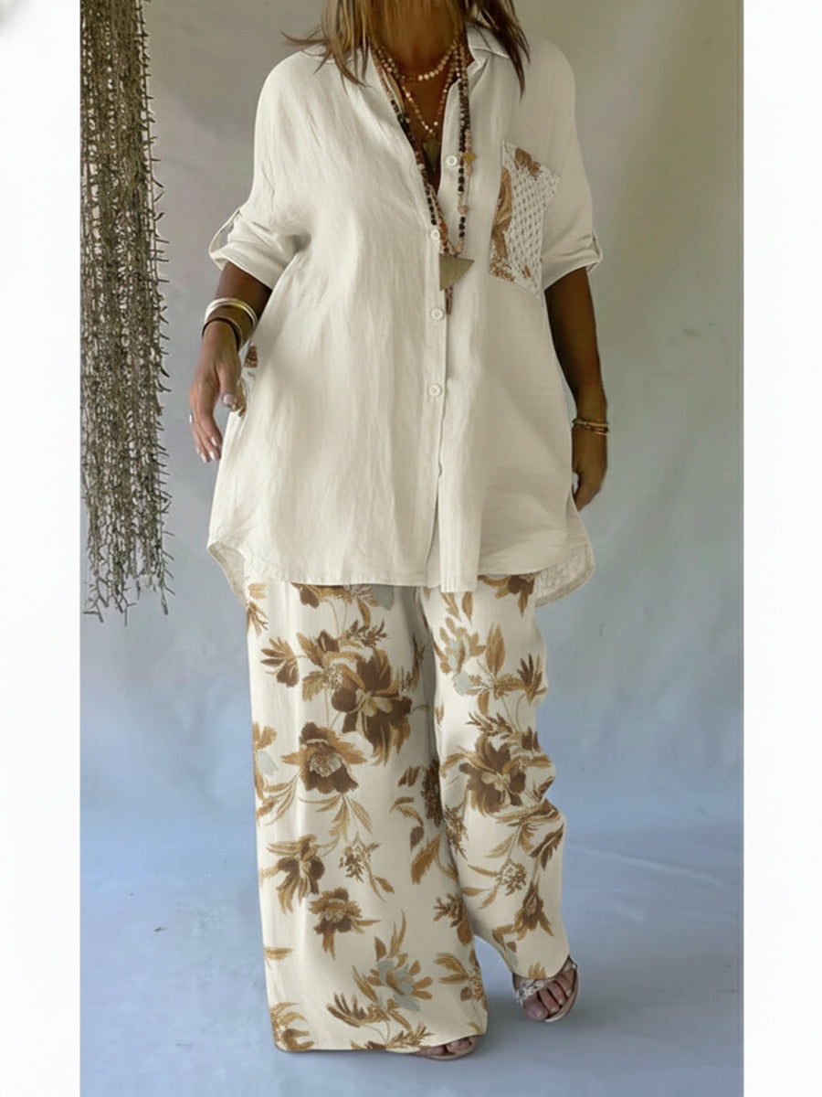 🔥Summer Arrivals🌟Casual Floral Print Linen And Cotton Shirt And Trousers Two-piece Set