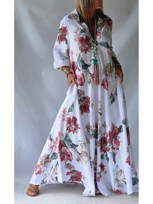 🔥Summer Arrivals🌟Loose-fitting Casual Linen And Cotton Floral Print Shirt Dress
