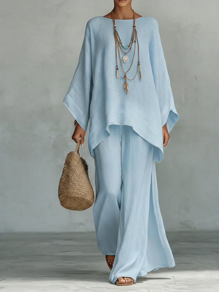 🔥Summer Arrivals🌟Women's Comfortable, Loose-fitting Linen And Cotton Top And Wide-leg Pants Two-piece Set.