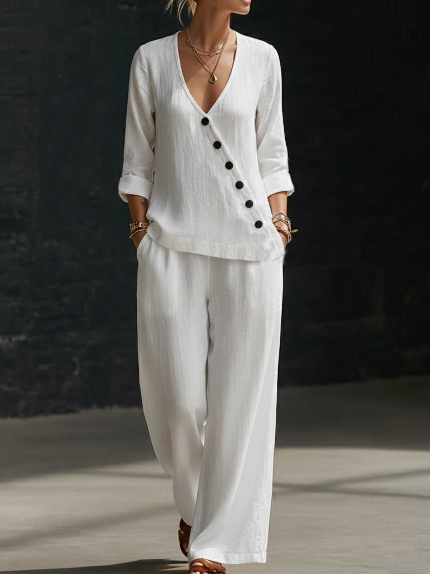 🔥Summer Arrivals🌟Minimalist V-neck Shirt And Wide-leg Pants Two-piece Set