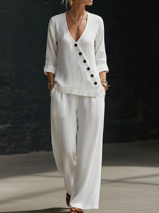 🔥Summer Arrivals🌟Minimalist V-neck Shirt And Wide-leg Pants Two-piece Set