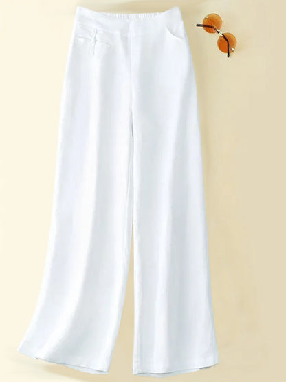 🔥Summer Arrivals🌟Women's Solid Color Button Half Elastic High Waist Casual Cotton and Linen Wide Leg Pants