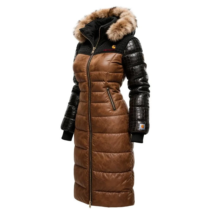 🔥𝗖𝗹𝗲𝗮𝗿𝗮𝗻𝗰𝗲 𝗦𝗮𝗹𝗲🌟Vintage Women's Crocodile Embossed Leather Patchwork Waffle Texture Fabric Fur Collar Hooded Long Coat