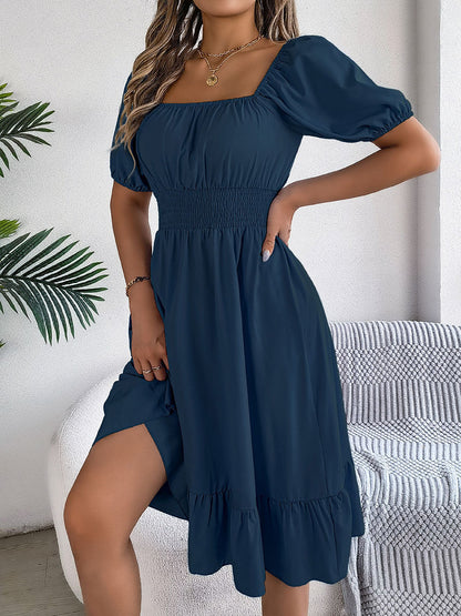 🔥Summer Arrivals🌟Women's Casual Solid Color Square Neck Short Sleeve Dress