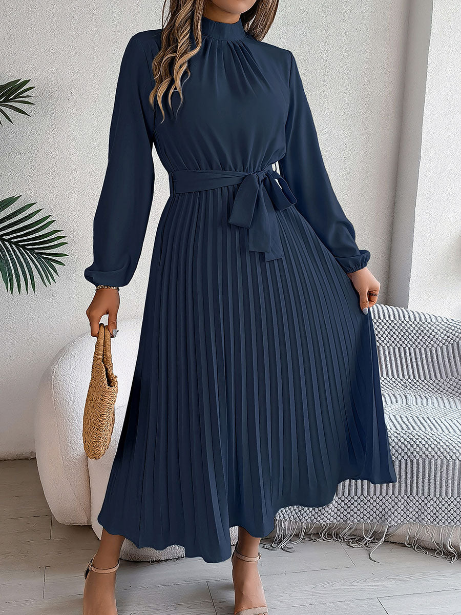 🔥Summer Arrivals🌟Women's Stand-up Collar Long-sleeved Lace Up Pleated Dress