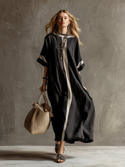 🔥Summer Arrivals🌟Stylish Urban Patchwork Black Cotton And Linen Short-sleeved Maxi Dress