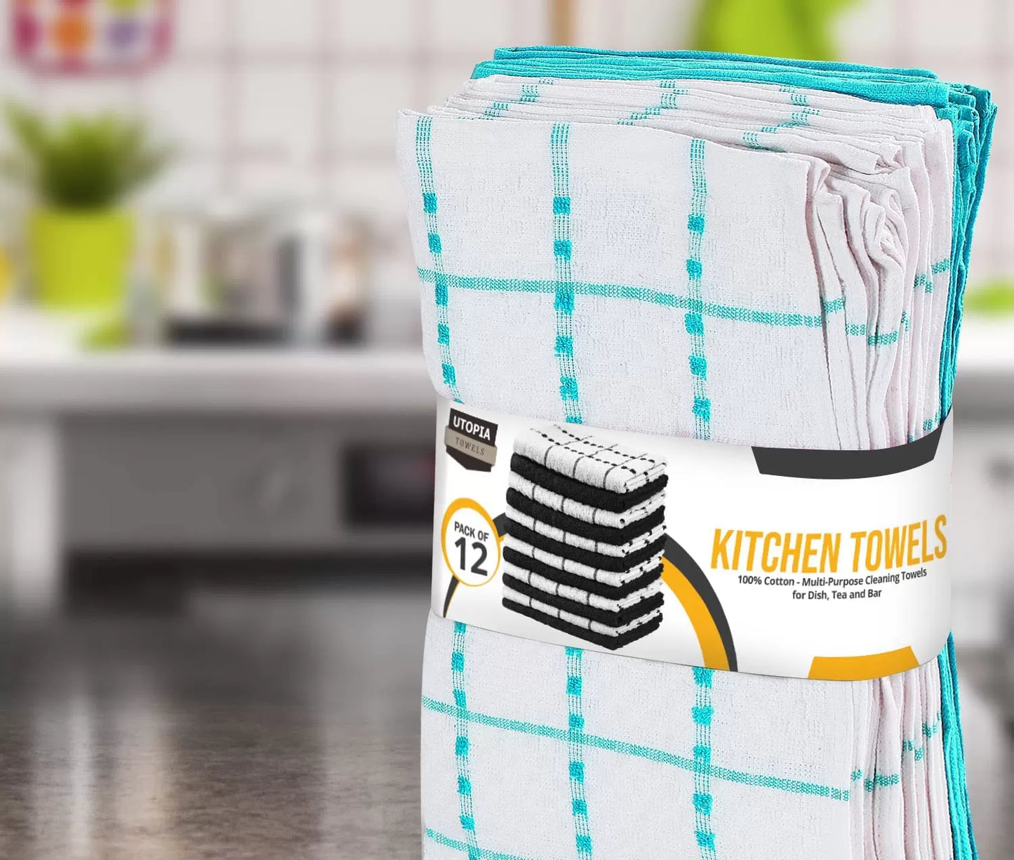 Kitchen Towels 12 Pack, 15 x 25 Inches, 100% Ring Spun Cotton Super Soft and Absorbent Linen Dish Towels, Tea Towels and Bar Towels Set (Black)