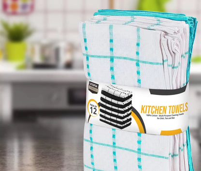 Kitchen Towels 12 Pack, 15 x 25 Inches, 100% Ring Spun Cotton Super Soft and Absorbent Linen Dish Towels, Tea Towels and Bar Towels Set (Black)