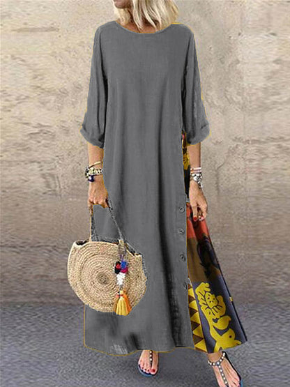 🔥Summer Arrivals🌟Women's Retro Floral Contrast Button Patchwork Cotton And Linen Casual Dress