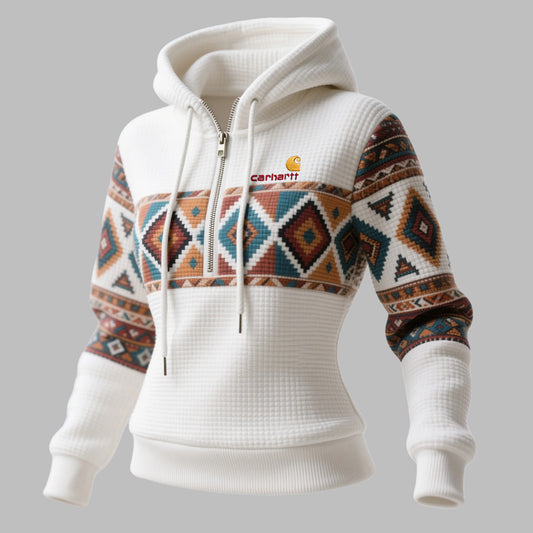 🔥𝗖𝗹𝗲𝗮𝗿𝗮𝗻𝗰𝗲 𝗦𝗮𝗹𝗲🌟Women's Retro Loose Comfort Ethnic Print Color Block Waffle Patchwork Half Zipper Stand Collar Hooded Sweatshirt