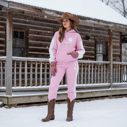 🔥𝗖𝗹𝗲𝗮𝗿𝗮𝗻𝗰𝗲 𝗦𝗮𝗹𝗲🌟Pink Quilted Hoodie and Jogger Set for Winter Outdoors-Pink