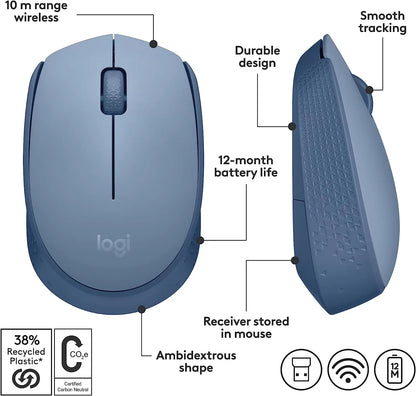 Logitech M170 Wireless Mouse for PC, Mac, Laptop, 2.4 GHz with USB Mini Receiver, Optical Tracking, 12-Months Battery Life, Ambidextrous - Blue Grey