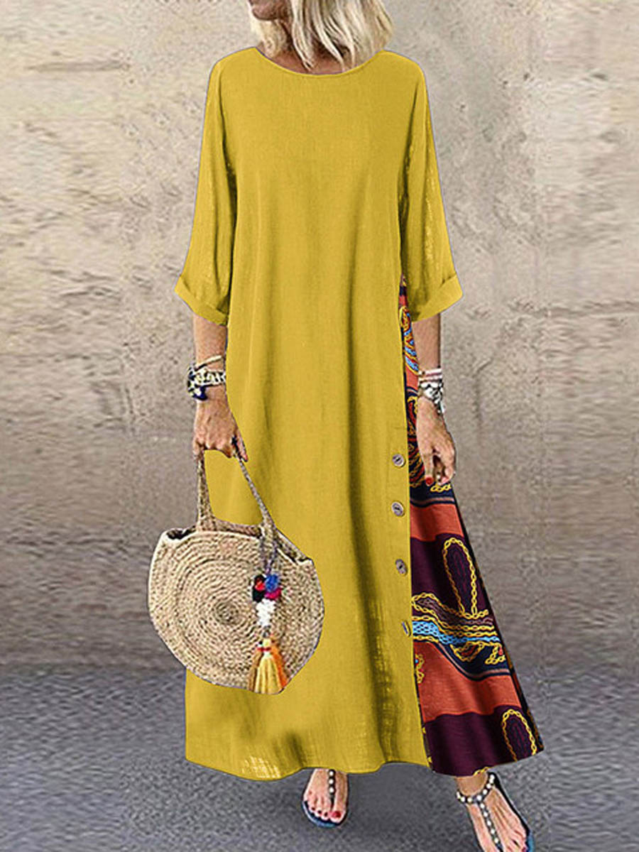 🔥Summer Arrivals🌟Women's Retro Floral Contrast Button Patchwork Cotton And Linen Casual Dress
