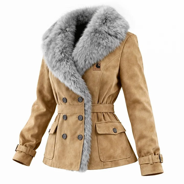 🔥𝗖𝗹𝗲𝗮𝗿𝗮𝗻𝗰𝗲 𝗦𝗮𝗹𝗲🌟Black-Women's Elegant Double-breasted Burgundy Suede Coat With Fur Collar