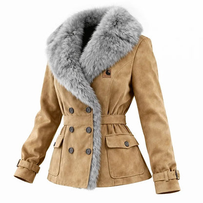 🔥𝗖𝗹𝗲𝗮𝗿𝗮𝗻𝗰𝗲 𝗦𝗮𝗹𝗲🌟Women's Elegant Double-breasted Burgundy Suede Coat With Fur Collar