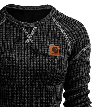 🔥𝗖𝗹𝗲𝗮𝗿𝗮𝗻𝗰𝗲 𝗦𝗮𝗹𝗲🌟Women's Vintage Black Waffle Knit Crewneck Long Sleeve Sweatshirt