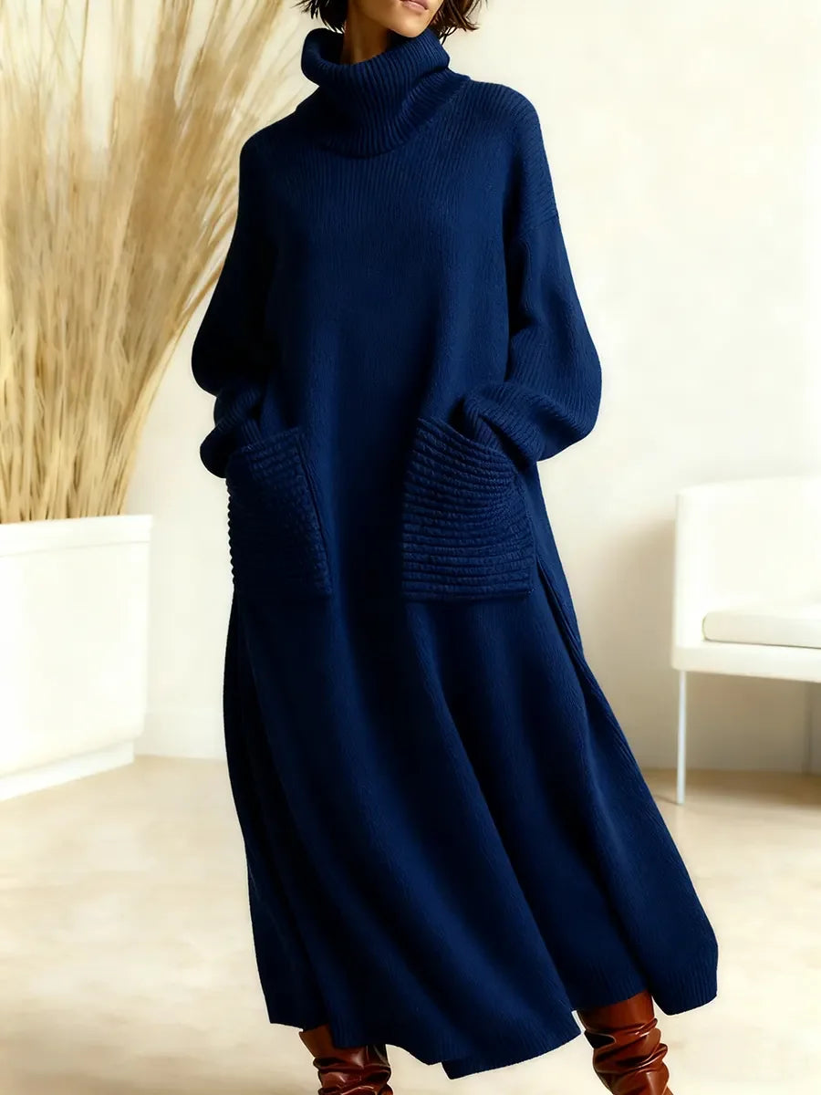 🔥Summer Arrivals🌟Women's Solid Color High-Neck Long-Sleeve Casual Loose Knit Dress