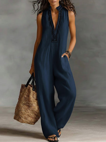 🔥Summer Arrivals🌟Women's V-neck Sleeveless Casual Loose Cotton And Linen Jumpsuit