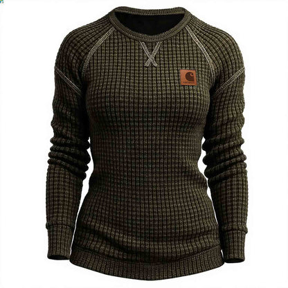 🔥𝗖𝗹𝗲𝗮𝗿𝗮𝗻𝗰𝗲 𝗦𝗮𝗹𝗲🌟Women's Vintage Black Waffle Knit Crewneck Long Sleeve Sweatshirt