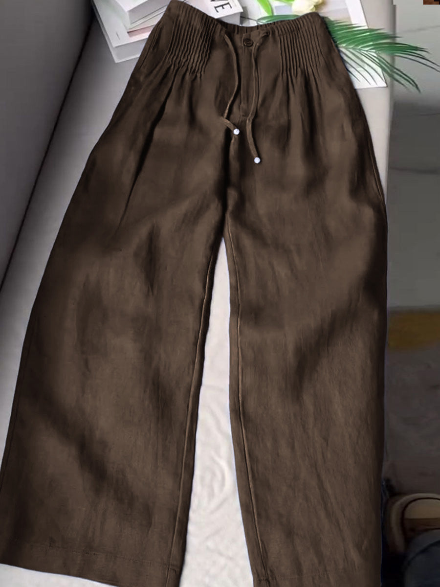 🔥Summer Arrivals🌟Women's Solid Color Pleated Drawstring Casual Cotton and Linen Wide Leg Pants
