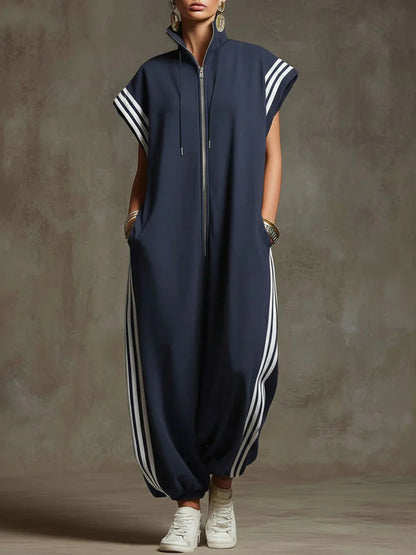 🔥Summer Arrivals🌟Women's Stand-collar Short-sleeved Casual Loose Cotton Wide-leg Jumpsuit