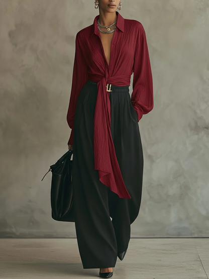🔥Summer Arrivals🌟Elegant Minimalist Tie Shirt And Wide-leg Pants Two-piece Set