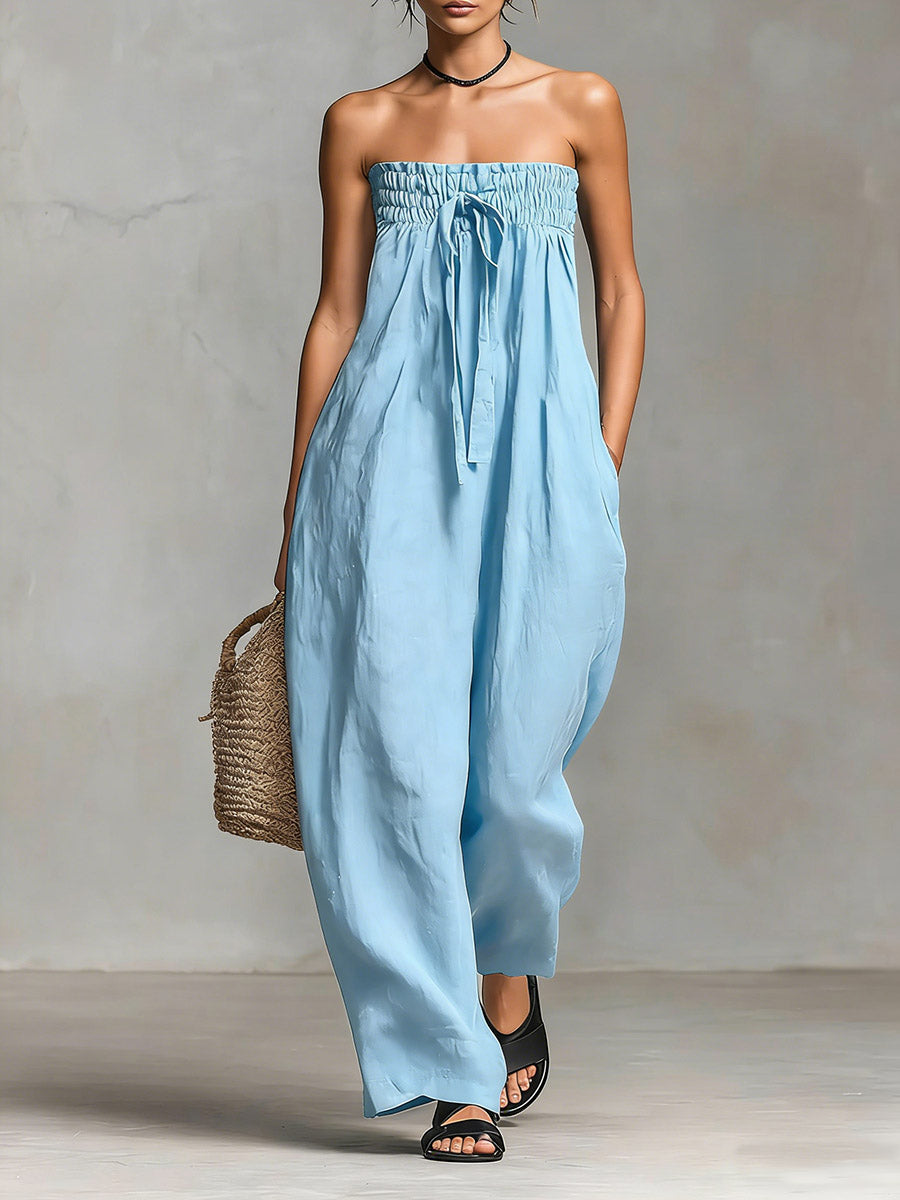 🔥Summer Arrivals🌟Women's Solid Color Strapless Casual Loose Cotton And Linen Jumpsuit