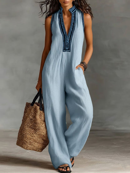 🔥Summer Arrivals🌟Women's V-neck Sleeveless Casual Loose Cotton And Linen Jumpsuit