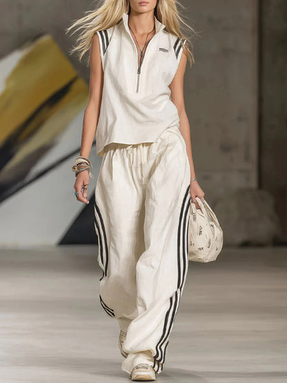 🔥Summer Arrivals🌟Women's Casual Patchwork Striped Zip-up Top And Pants Two-piece Set
