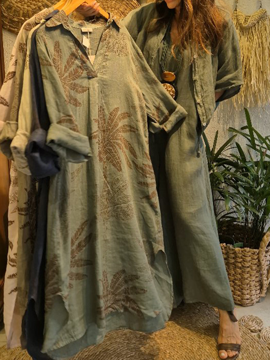 🔥Summer Arrivals🌟Casual Leaf Print Linen And Cotton Dress