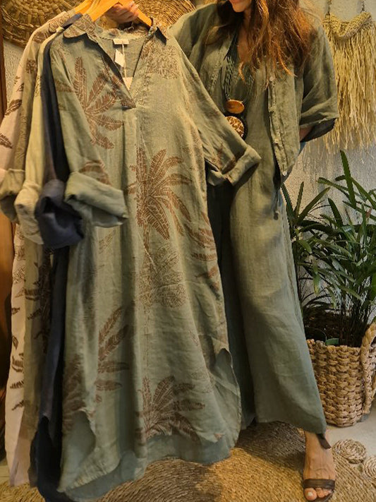 🔥Summer Arrivals🌟Casual Leaf Print Linen And Cotton Dress