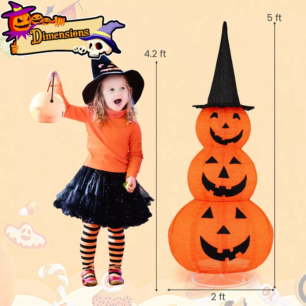 Tangkula Halloween Light Up Pumpkin Decoration Stacked Pumpkins with Witch Hat Build-in LED Lights Pop Up Jack-o-Lantern