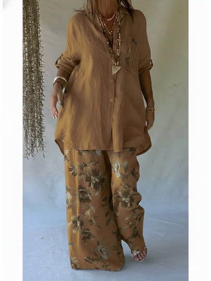 🔥Summer Arrivals🌟Casual Floral Print Linen And Cotton Shirt And Trousers Two-piece Set