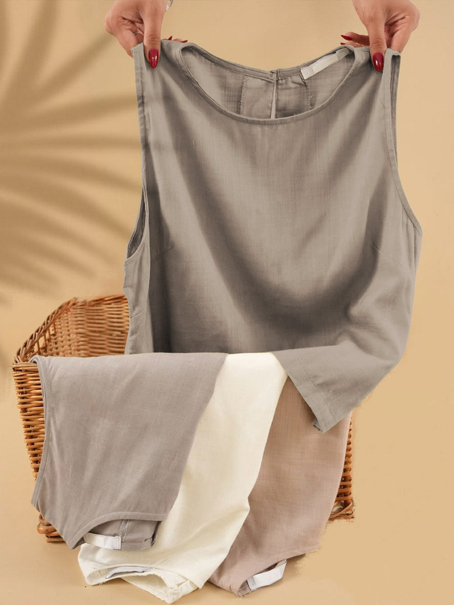 🔥Summer Arrivals🌟Women's Solid Color Round Neck Sleeveless Casual Linen Vest Top