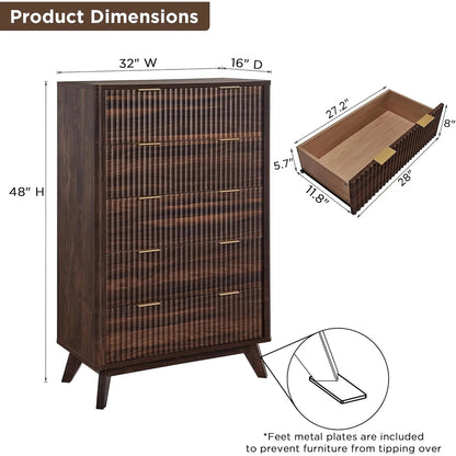 Modern Fluted 5 Drawers Dresser, Chest of Drawers, Dresser TV Stand
