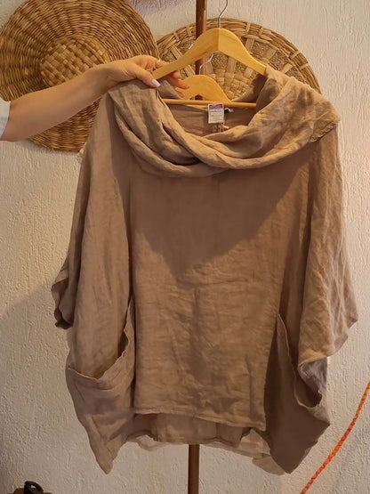 🔥Summer Arrivals🌟Women's Solid Color Draped Neck 3/4 Sleeve Comfortable Casual Linen Pocket Top