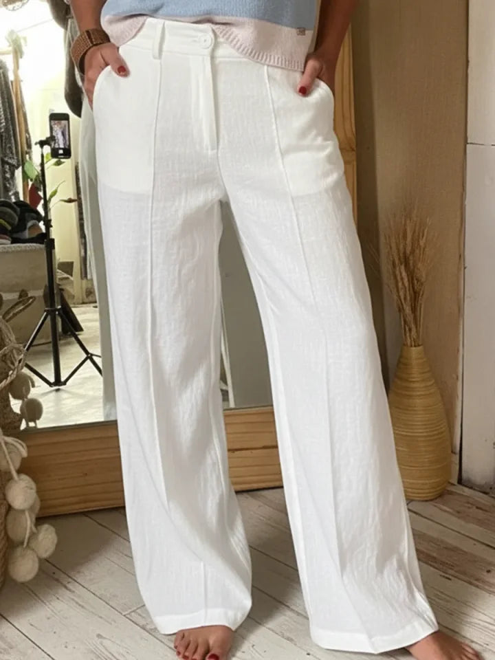 🔥Summer Arrivals🌟Classic Wooden Button Solid Color Linen Trousers