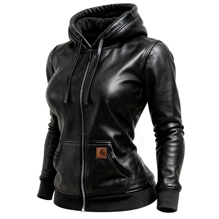 🔥𝗖𝗹𝗲𝗮𝗿𝗮𝗻𝗰𝗲 𝗦𝗮𝗹𝗲🌟Women's Vintage Black Leather Fleece Pocket Hooded Jacket