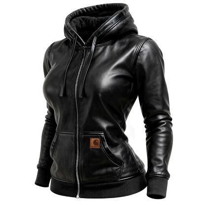 🔥𝗖𝗹𝗲𝗮𝗿𝗮𝗻𝗰𝗲 𝗦𝗮𝗹𝗲🌟Women's Vintage Black Leather Fleece Pocket Hooded Jacket