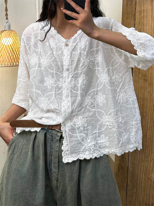 🔥Summer Arrivals🌟Women's V-neck Half Sleeve Embroidered Cardigan Buttoned Casual Linen Top