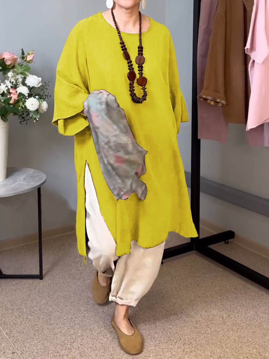 🔥Summer Arrivals🌟Women's Solid Color Round Neck 3/4 Sleeves Casual Linen Slit Long Top